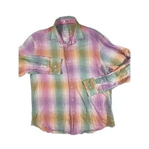 Bugatchi Shirt Flip‎ Cuff Unique,  Men's XL  100% Linen Bright Plaid Long Sleeve